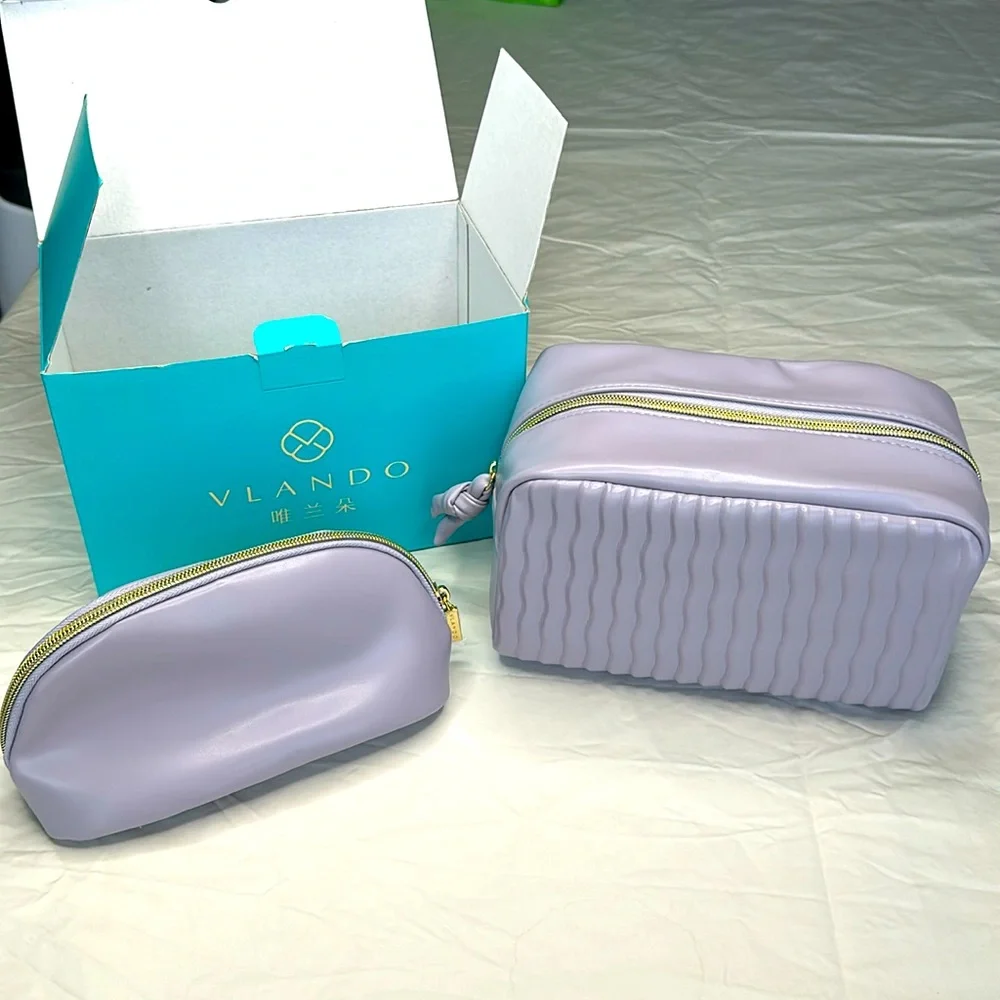BRAND NEW IN BOX! Vlando Lavender set of two Cosmetic Bags with Gold Zipper.